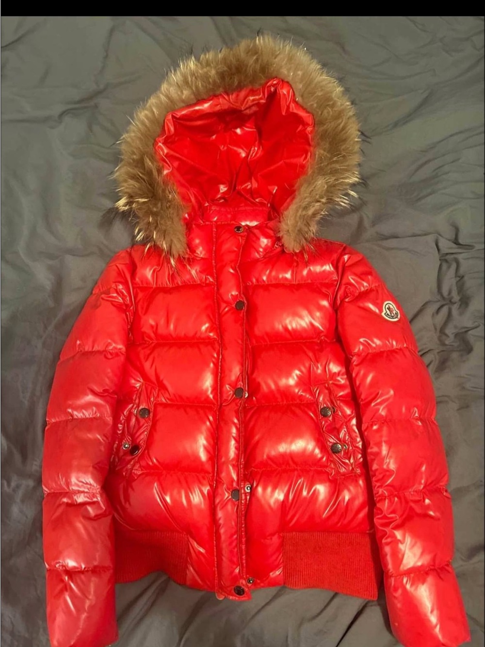 Moncler Red Puffer Jacket with Faux Fur Hood